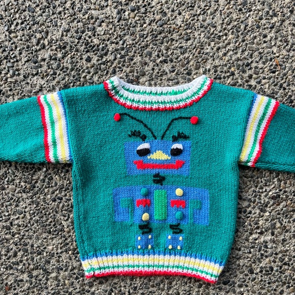 SOLD vintage handknit robot sweater , size 2T - Picture 4 of 6